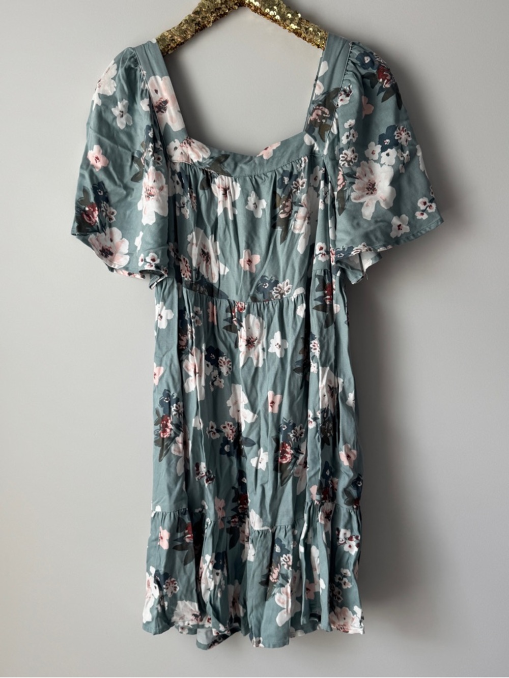 NWT Floral Square-Neck Dress — Sage Green with Pink & White Blooms